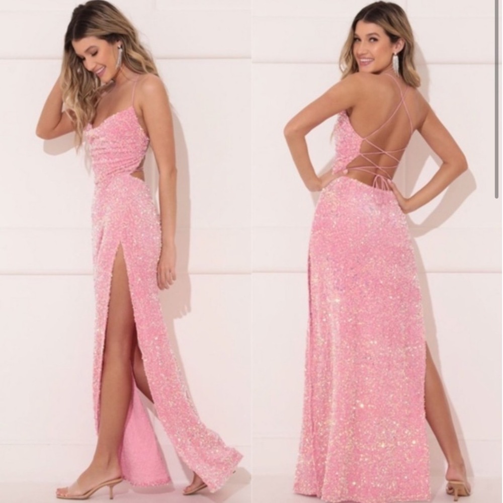 Lucy in the Sky Lissy Velvet Sequin Gown Womens L Maxi Dress Side Slits Lace Up
